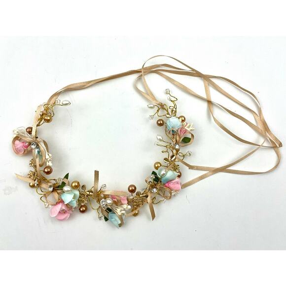 Pink Blue Floral Beaded Ribbon Wire Metal Headband Tiara Bohemian Hair Wrap NEW - Picture 7 of 11